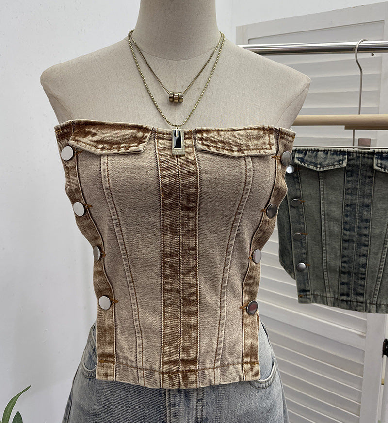 Color blocked denim strapless vest for women wearing short sleeveless tops