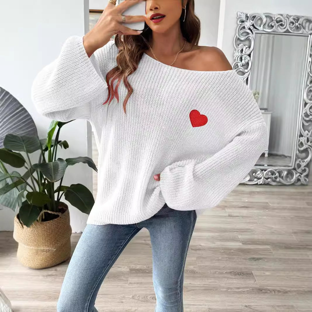 one shoulder flared sleeve sweater with heart embroidery