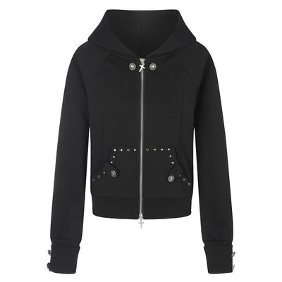Grey nail style double bag hooded sweatshirt with cross zipper jacket