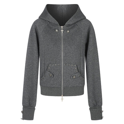 Grey nail style double bag hooded sweatshirt with cross zipper jacket