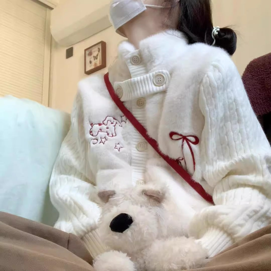 Sweet Knitted Patchwork Faux Fur Embroidered Cardigan