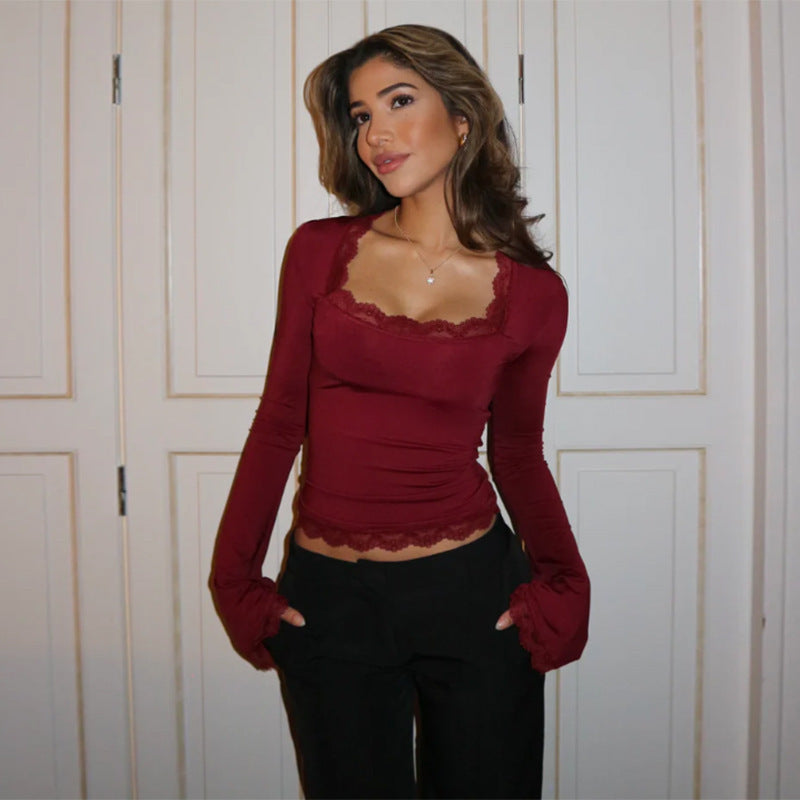 Chic Solid Color Square Neck Flared Sleeve Lace Trim Crop Top for Women