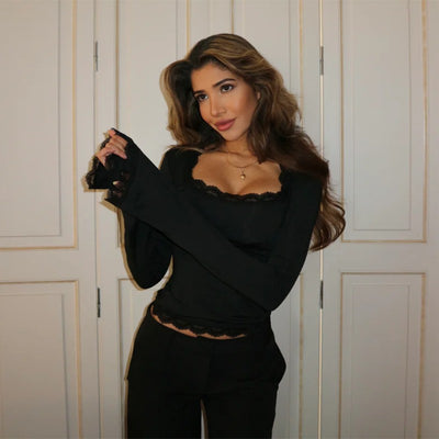 Chic Solid Color Square Neck Flared Sleeve Lace Trim Crop Top for Women