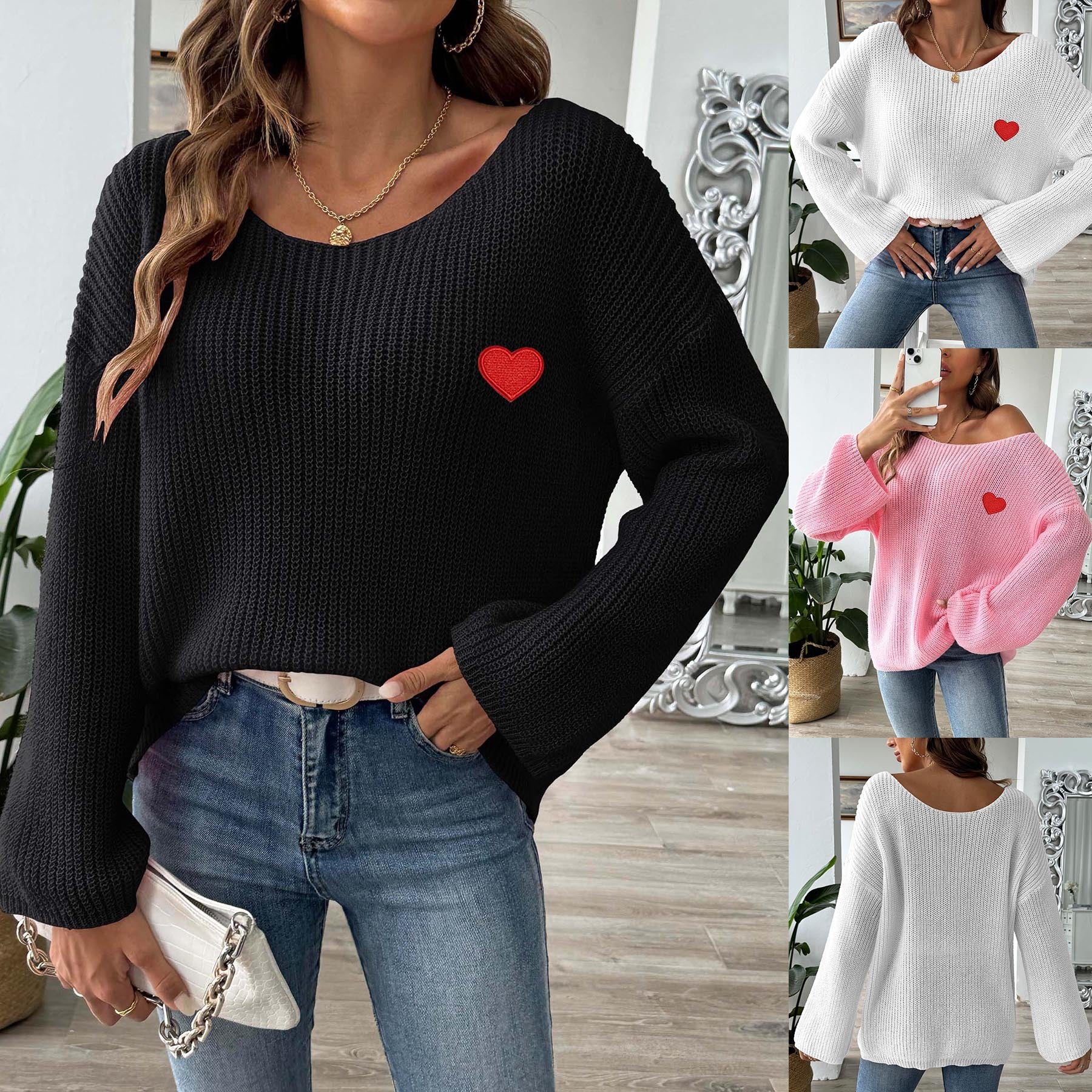 one shoulder flared sleeve sweater with heart embroidery