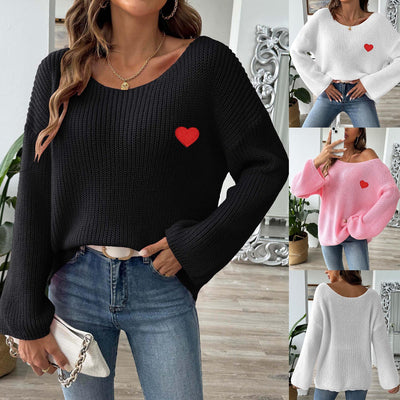 one shoulder flared sleeve sweater with heart embroidery