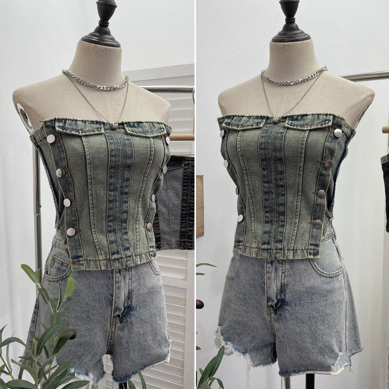 Color blocked denim strapless vest for women wearing short sleeveless tops