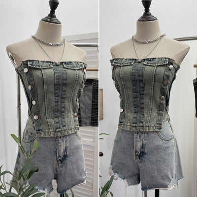 Color blocked denim strapless vest for women wearing short sleeveless tops