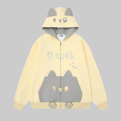 Color blocked cat face pocket hoodie