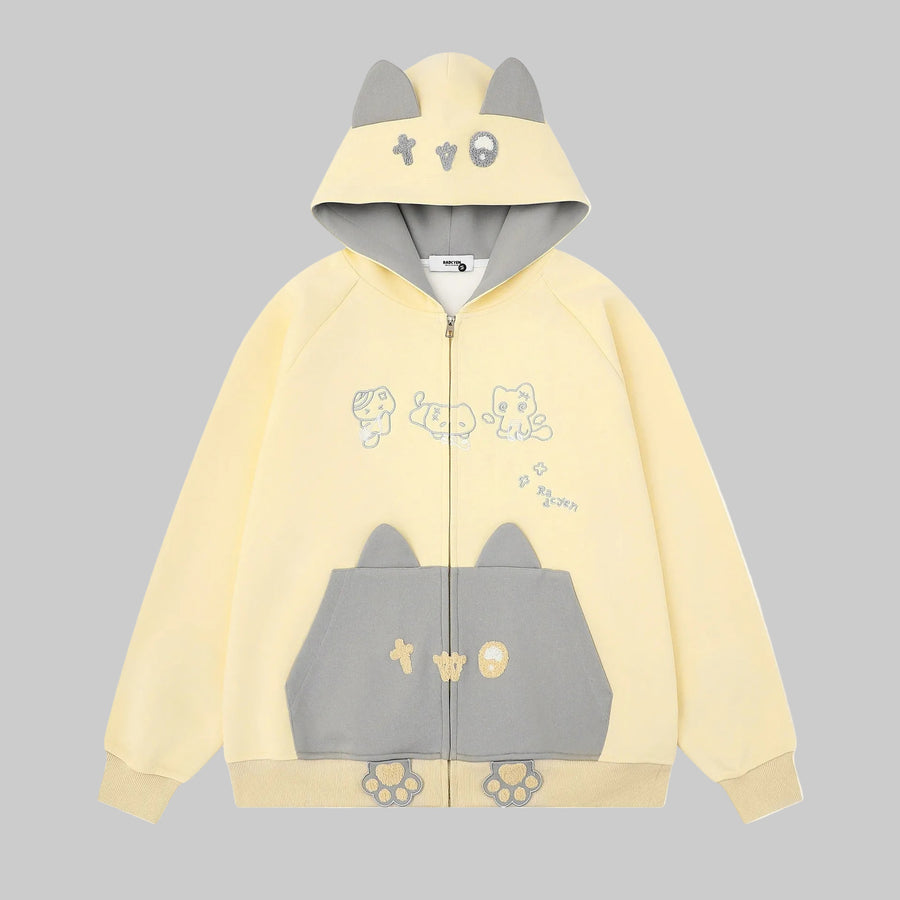 Color blocked cat face pocket hoodie