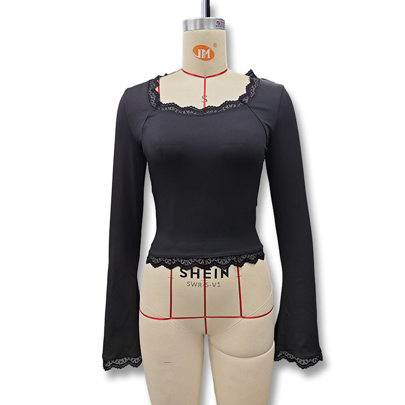 Chic Solid Color Square Neck Flared Sleeve Lace Trim Crop Top for Women