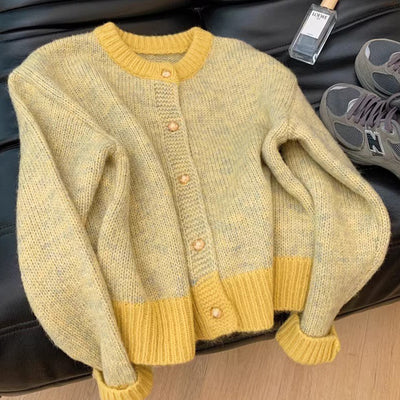 Chic Yellow Short Knit Cardigan for Women