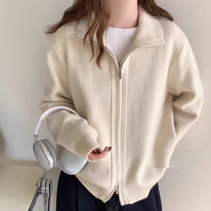 Lazy Style White High Neck Knit Cardigan for Women