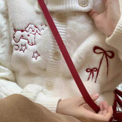 Sweet Knitted Patchwork Faux Fur Embroidered Cardigan