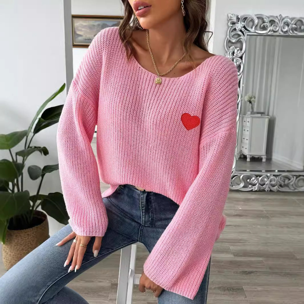 one shoulder flared sleeve sweater with heart embroidery