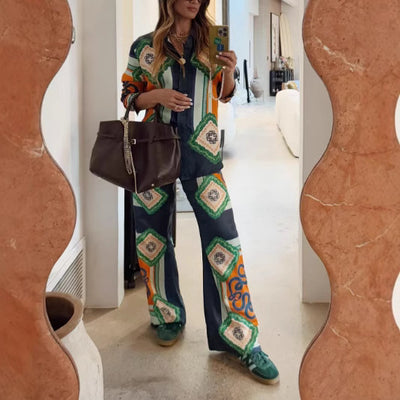 Printed Long Sleeve Shirt and Casual Trouser Set