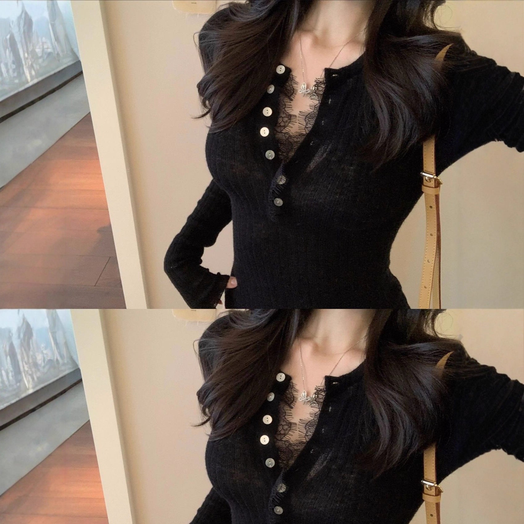 knit top with eyelash lace trim buttoned long sleeve T-shirt