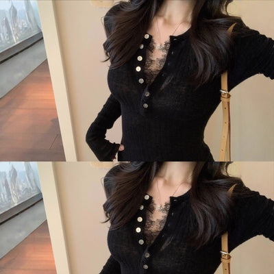knit top with eyelash lace trim buttoned long sleeve T-shirt