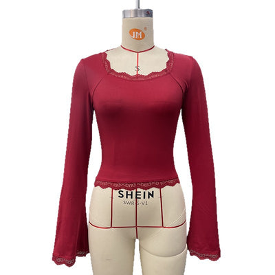 Chic Solid Color Square Neck Flared Sleeve Lace Trim Crop Top for Women