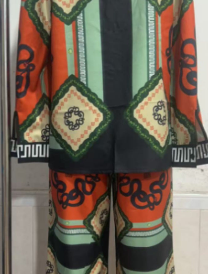 Printed Long Sleeve Shirt and Casual Trouser Set