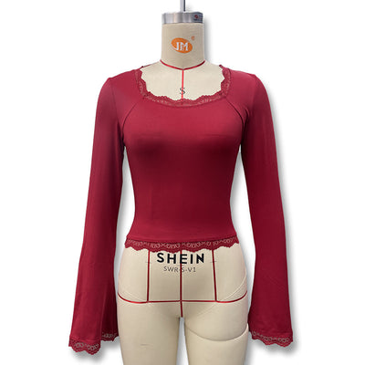 Chic Solid Color Square Neck Flared Sleeve Lace Trim Crop Top for Women