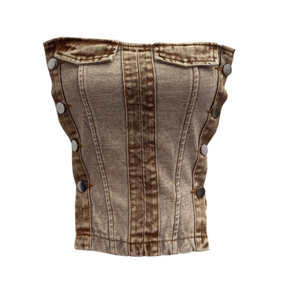 Color blocked denim strapless vest for women wearing short sleeveless tops