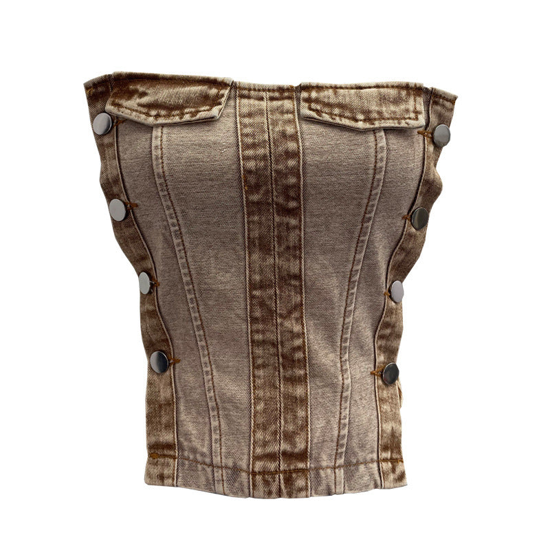 Color blocked denim strapless vest for women wearing short sleeveless tops