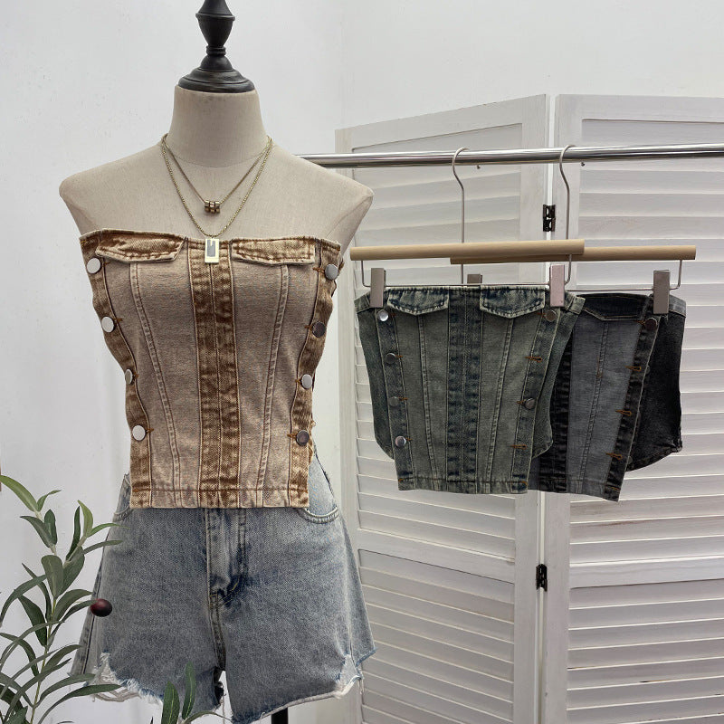 Color blocked denim strapless vest for women wearing short sleeveless tops