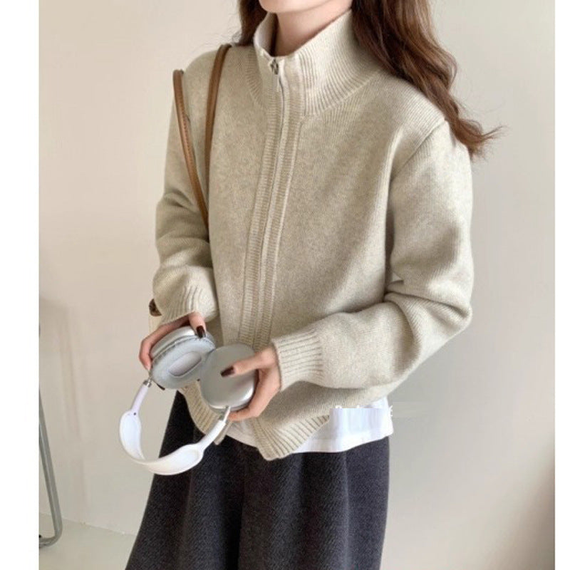 Lazy Style White High Neck Knit Cardigan for Women
