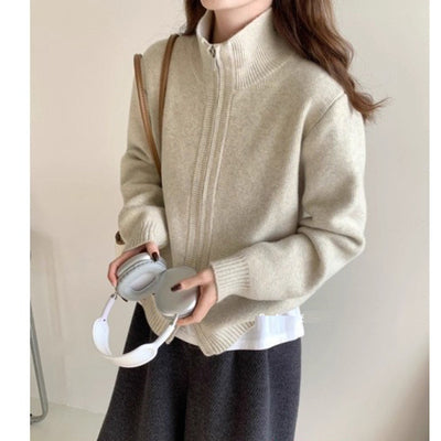 Lazy Style White High Neck Knit Cardigan for Women