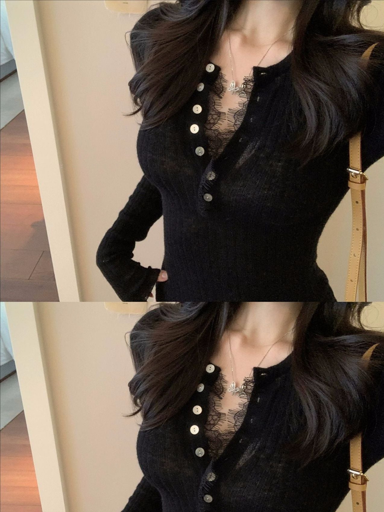 knit top with eyelash lace trim buttoned long sleeve T-shirt