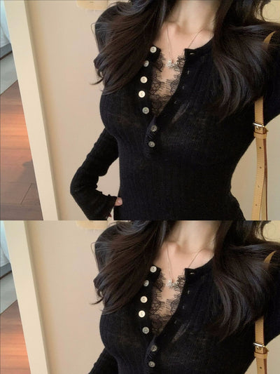 knit top with eyelash lace trim buttoned long sleeve T-shirt