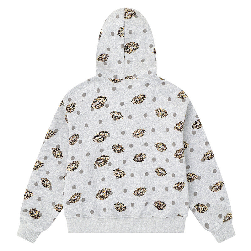 Retro leopard print red lipped women's floral gray hooded cardigan