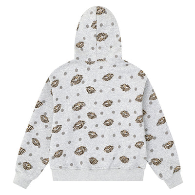 Retro leopard print red lipped women's floral gray hooded cardigan