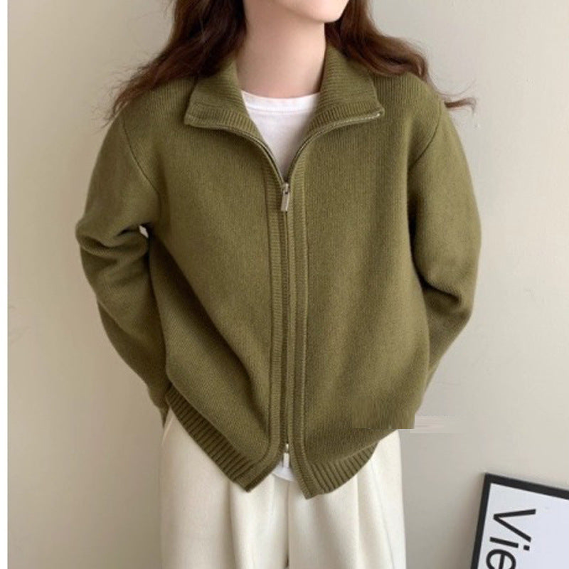 Lazy Style White High Neck Knit Cardigan for Women