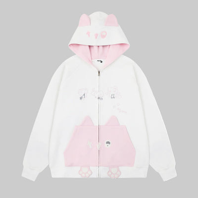 Color blocked cat face pocket hoodie