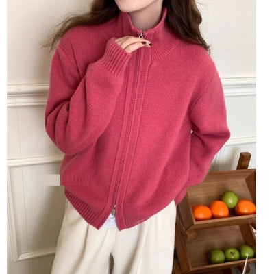 Lazy Style White High Neck Knit Cardigan for Women