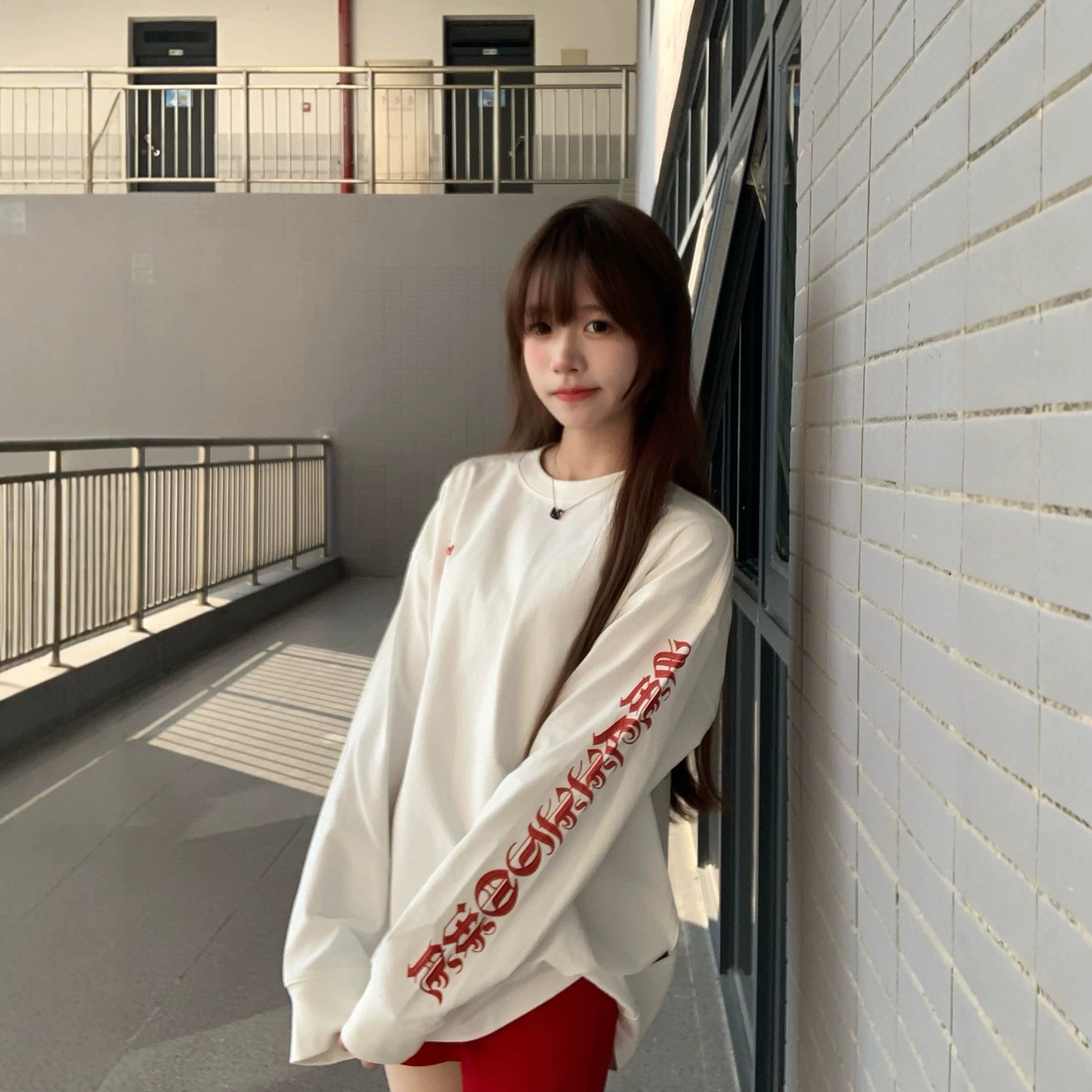 White Letter Oversized Long Sleeve T-Shirt for Men and Women