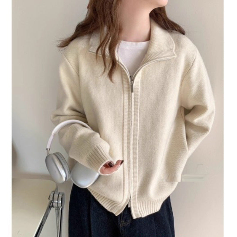 Lazy Style White High Neck Knit Cardigan for Women