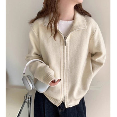 Lazy Style White High Neck Knit Cardigan for Women