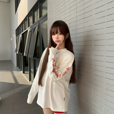 White Letter Oversized Long Sleeve T-Shirt for Men and Women