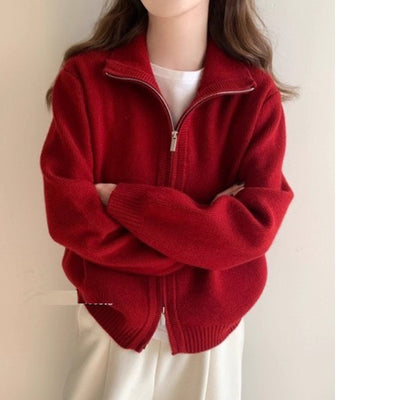 Lazy Style White High Neck Knit Cardigan for Women