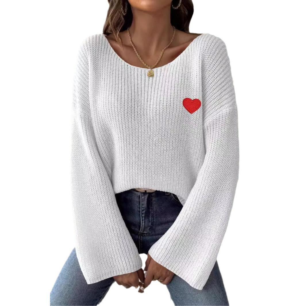 one shoulder flared sleeve sweater with heart embroidery
