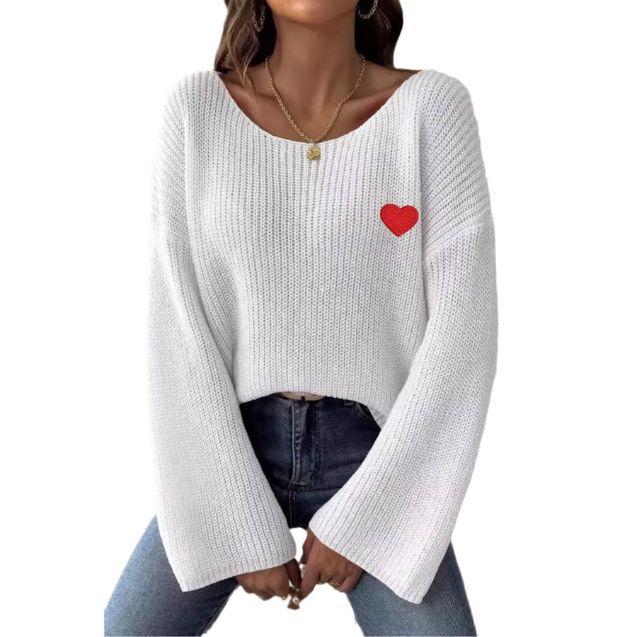 one shoulder flared sleeve sweater with heart embroidery