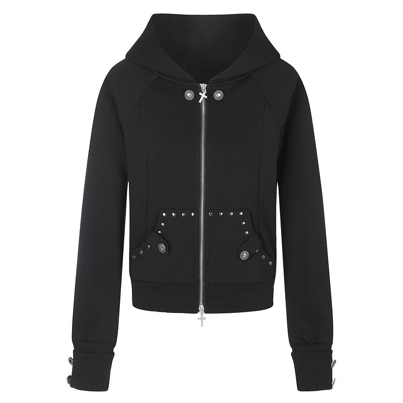 Grey nail style double bag hooded sweatshirt with cross zipper jacket