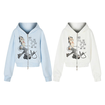 Letter printed light blue hooded jacket