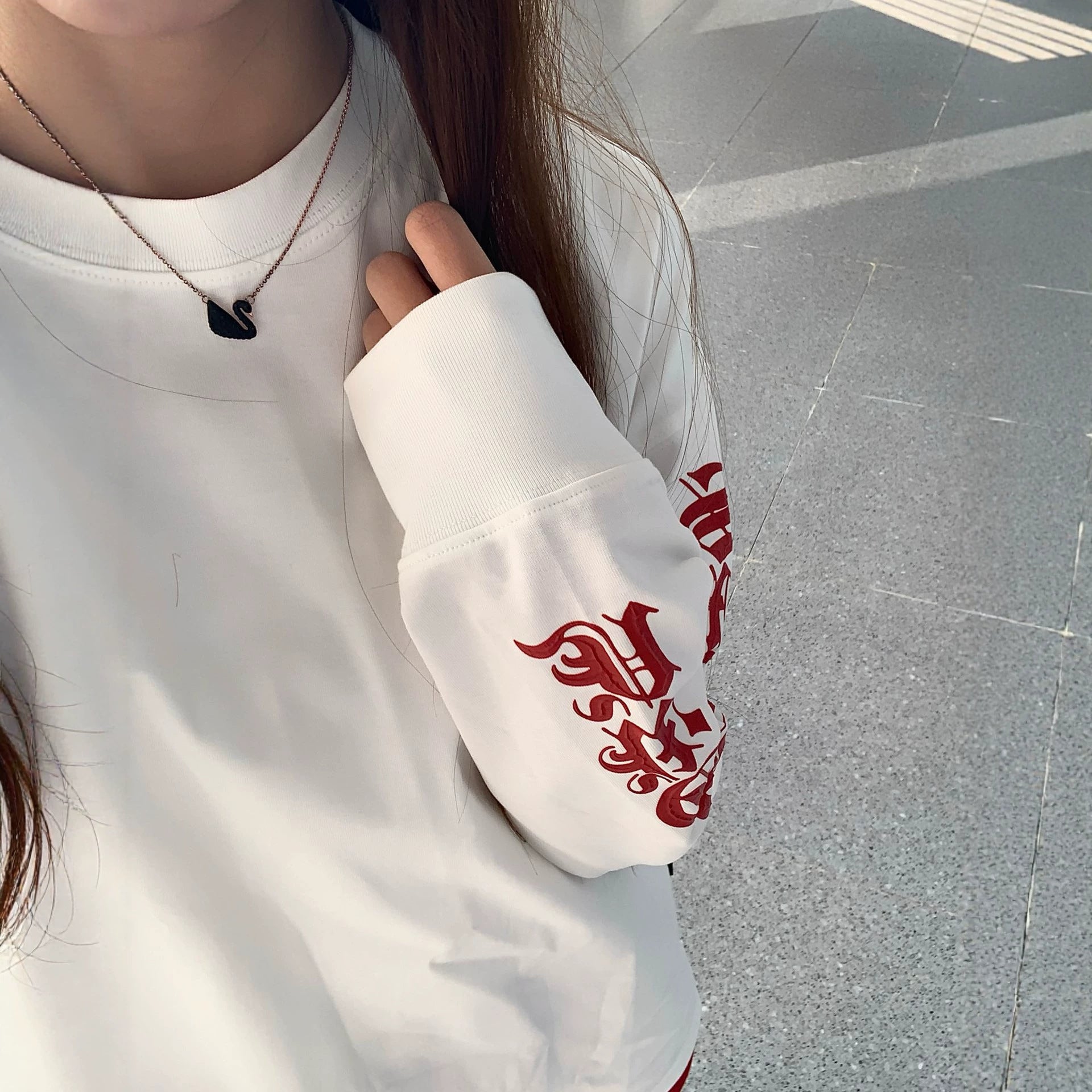 White Letter Oversized Long Sleeve T-Shirt for Men and Women