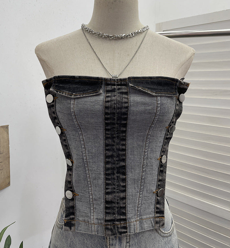 Color blocked denim strapless vest for women wearing short sleeveless tops