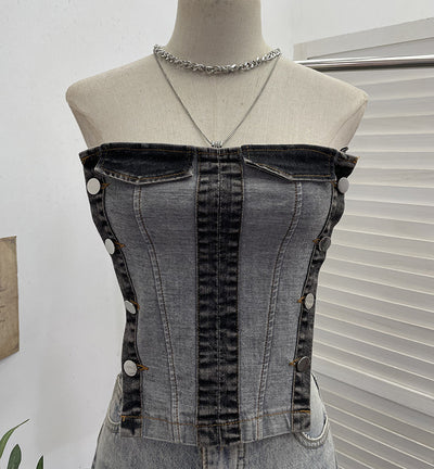 Color blocked denim strapless vest for women wearing short sleeveless tops