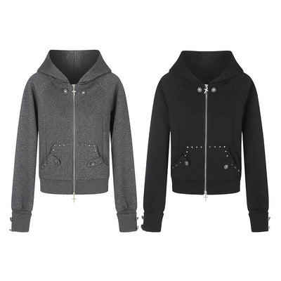 Grey nail style double bag hooded sweatshirt with cross zipper jacket
