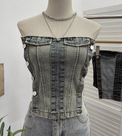 Color blocked denim strapless vest for women wearing short sleeveless tops